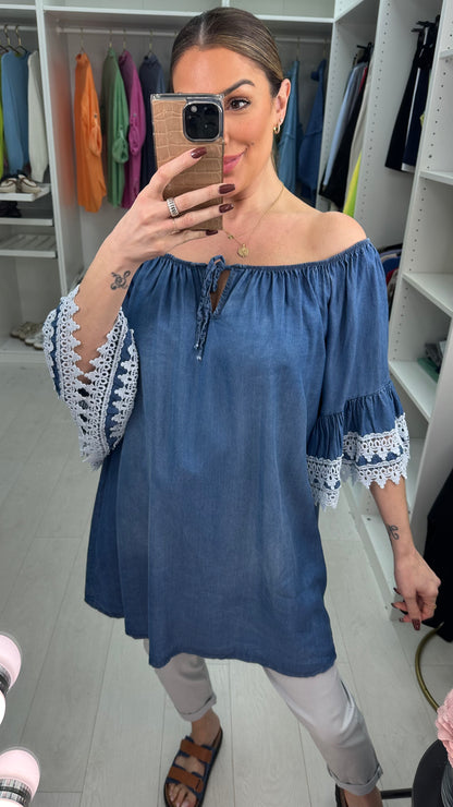 Alexandra Denim Crochet Sleeve Tunic