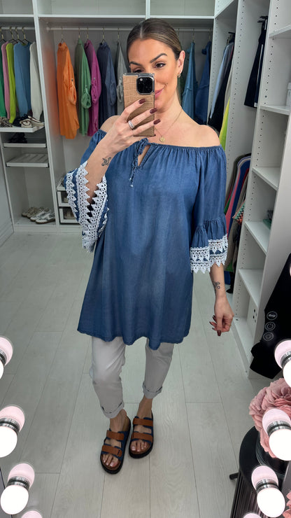 Alexandra Denim Crochet Sleeve Tunic