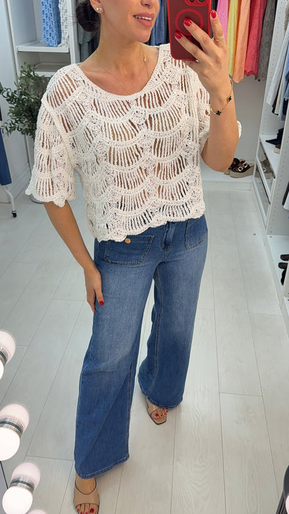 Liah Sequin Embellished Short Sleeve Crochet Top