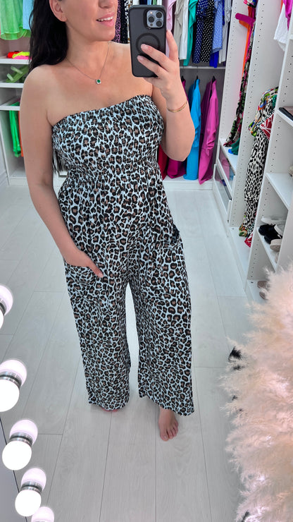 Sasa Leopard Print Elasticated Bust Wide Leg Jumpsuit