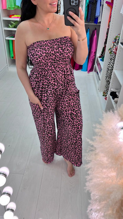 Sasa Leopard Print Elasticated Bust Wide Leg Jumpsuit