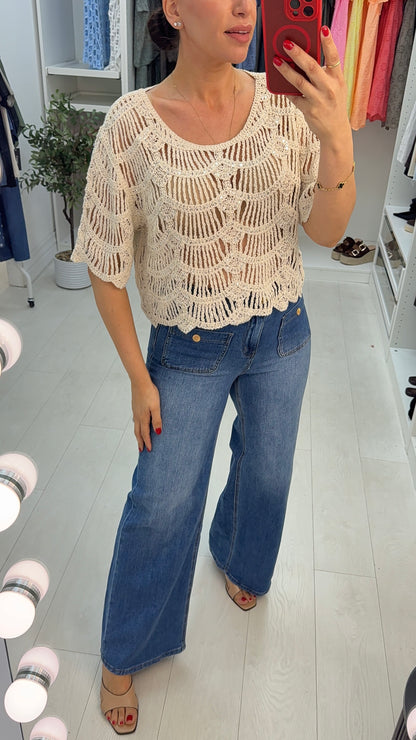 Liah Sequin Embellished Short Sleeve Crochet Top