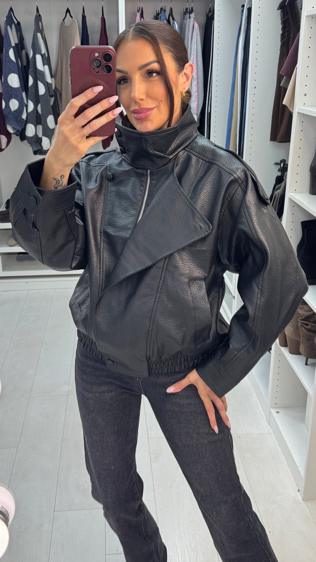 Macy Faux Leather Zip Front Jacket