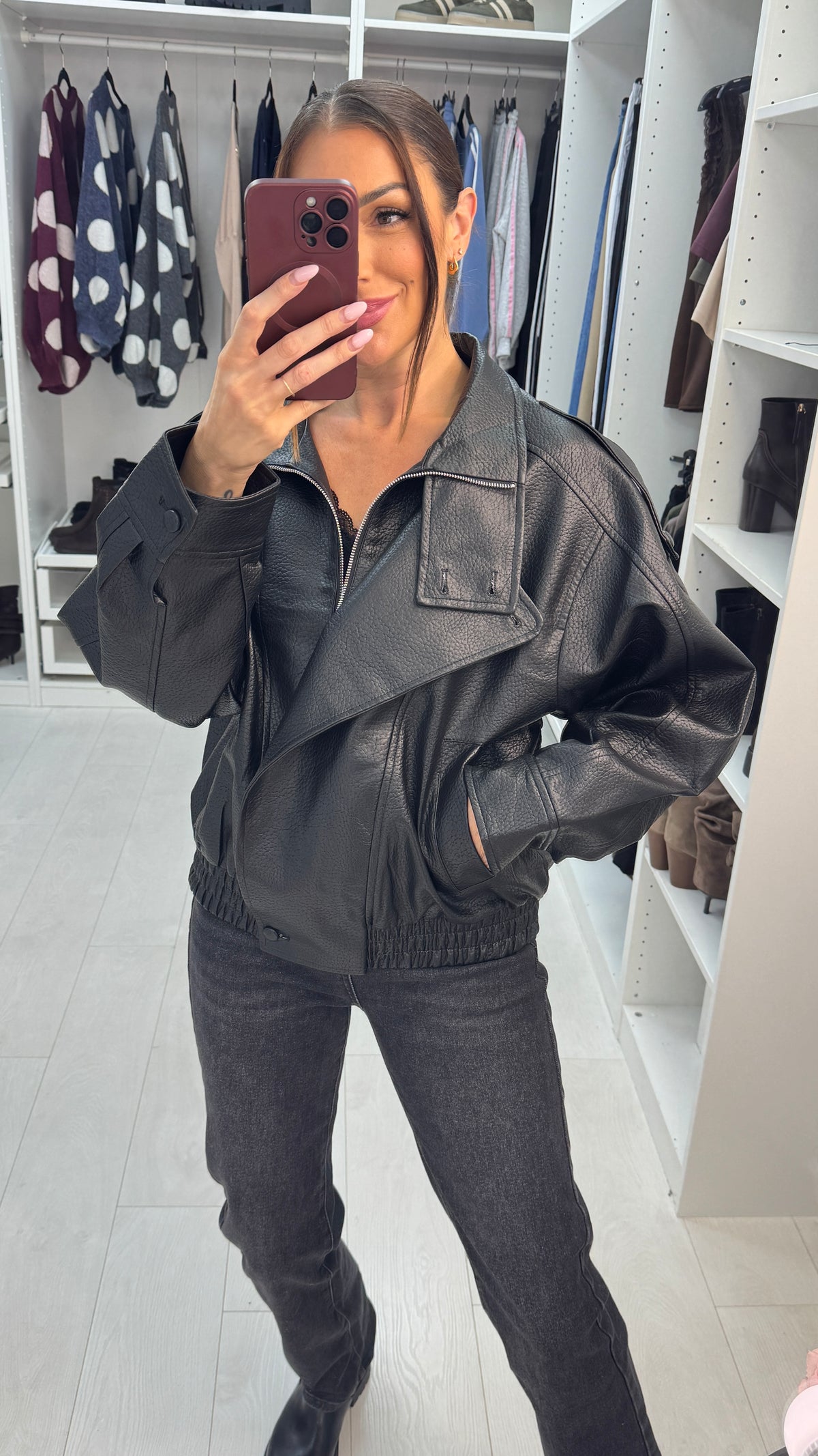 Macy Faux Leather Zip Front Jacket