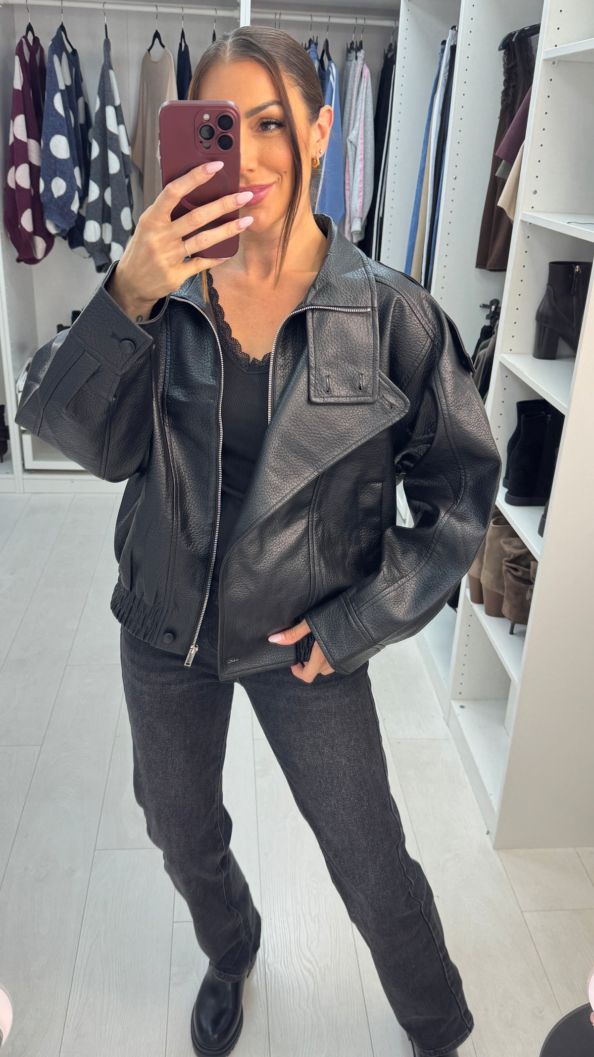 Macy Faux Leather Zip Front Jacket