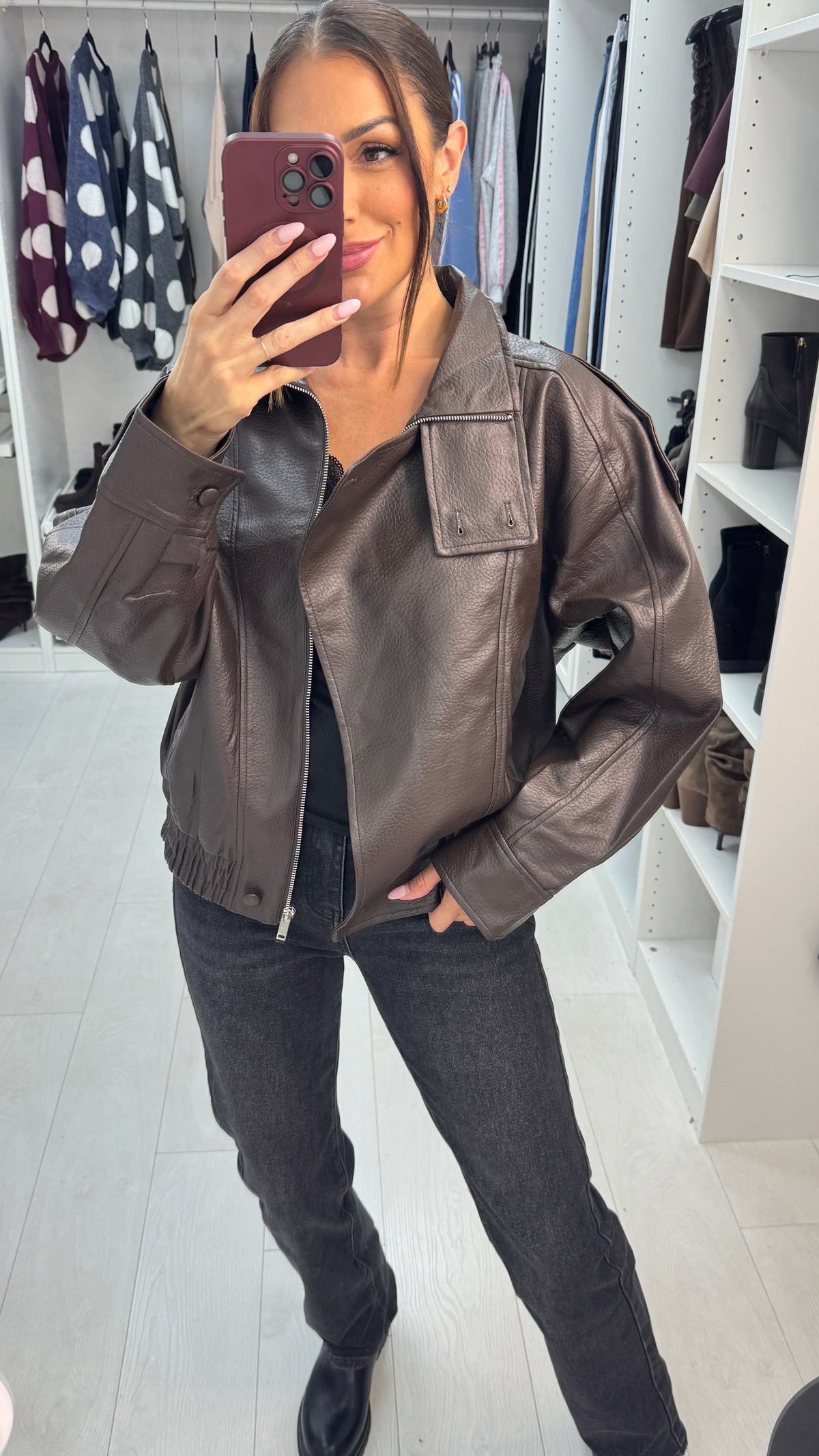 Macy Faux Leather Zip Front Jacket