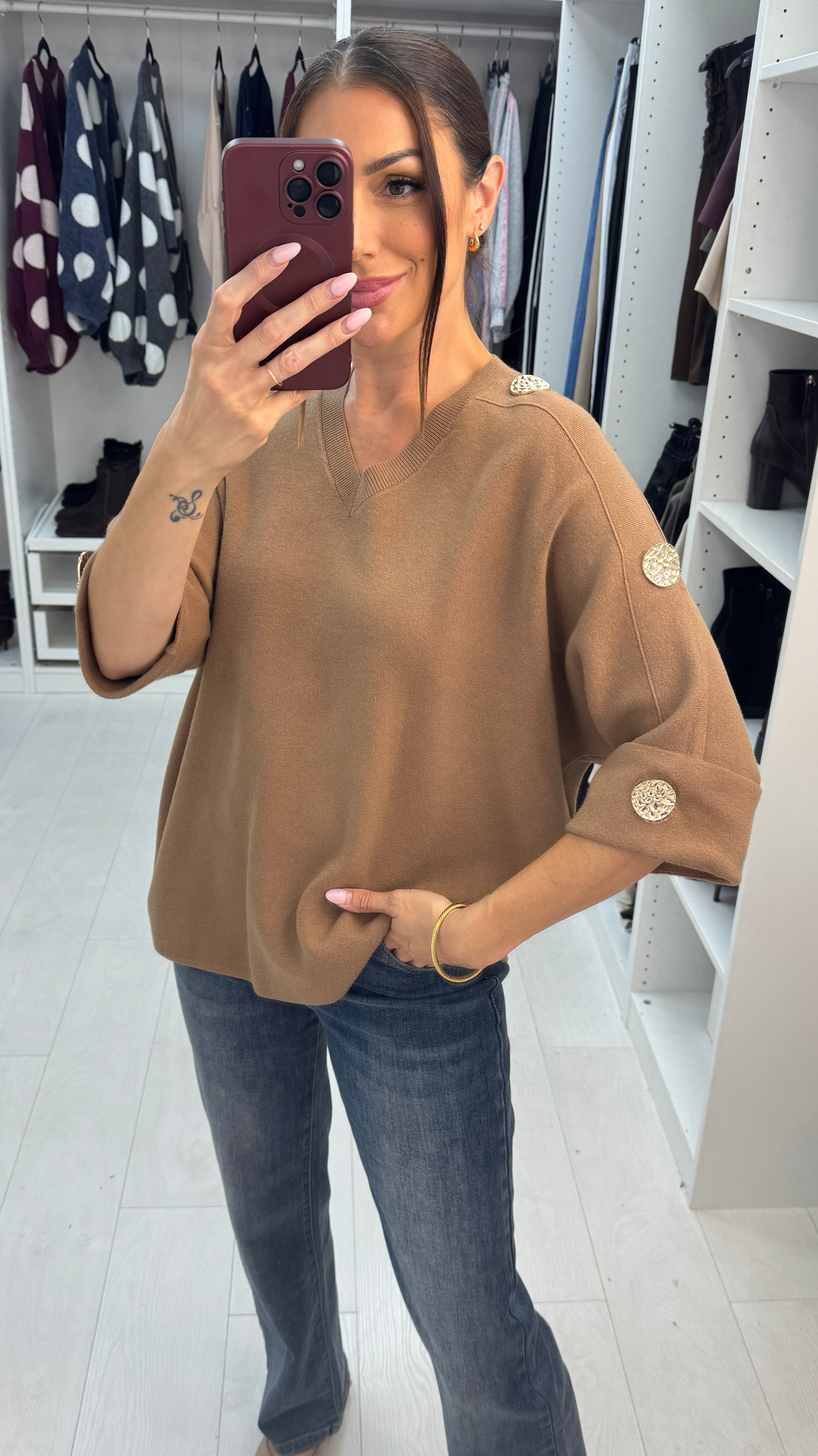 Vela V Neck Embellished Sleeve Batwing Jumper