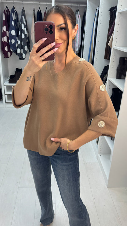 Vela V Neck Embellished Sleeve Batwing Jumper