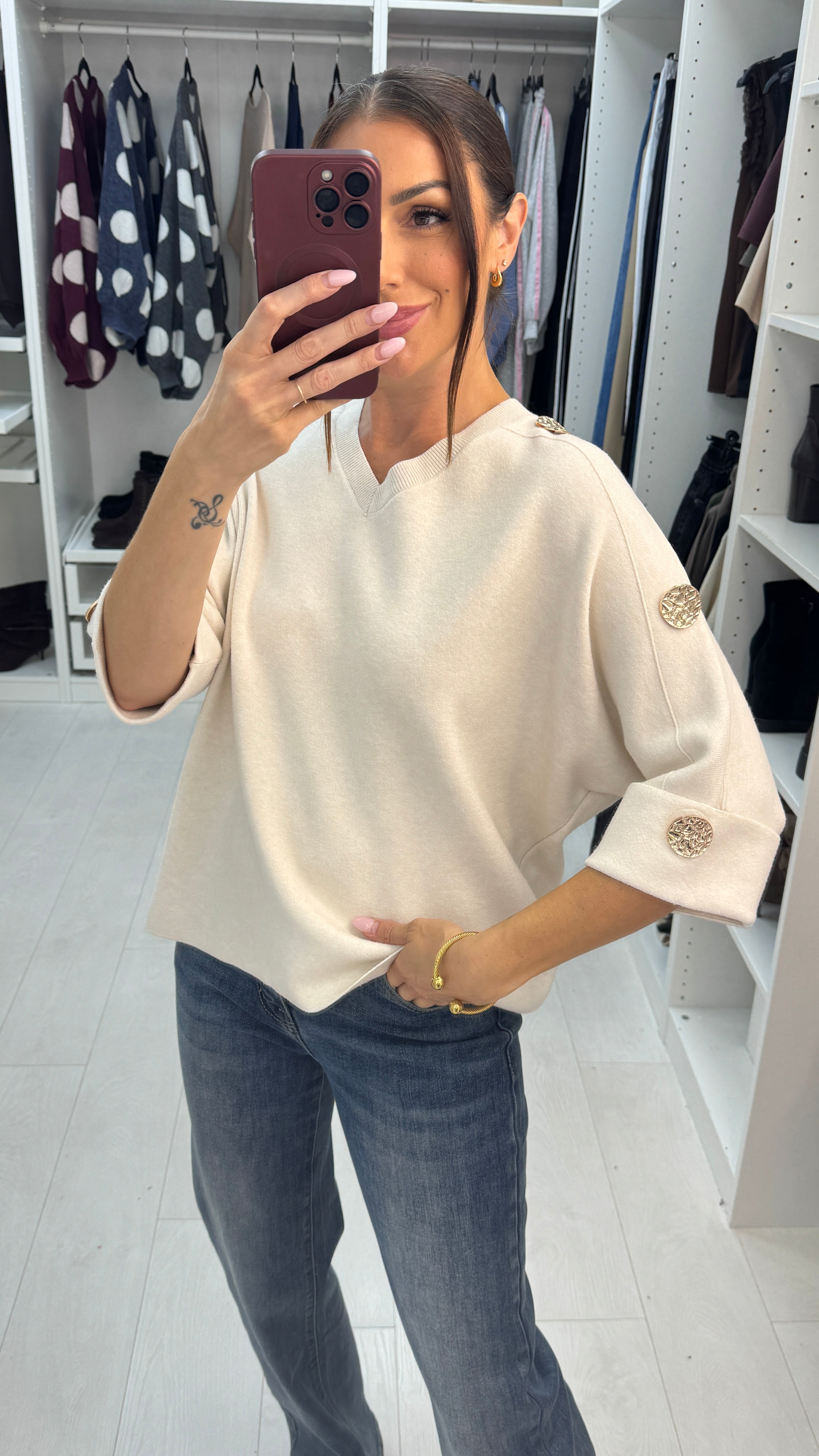 Vela V Neck Embellished Sleeve Batwing Jumper