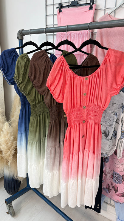 Lorna Button Detailed Shirred Waist Ombre Midi Dres