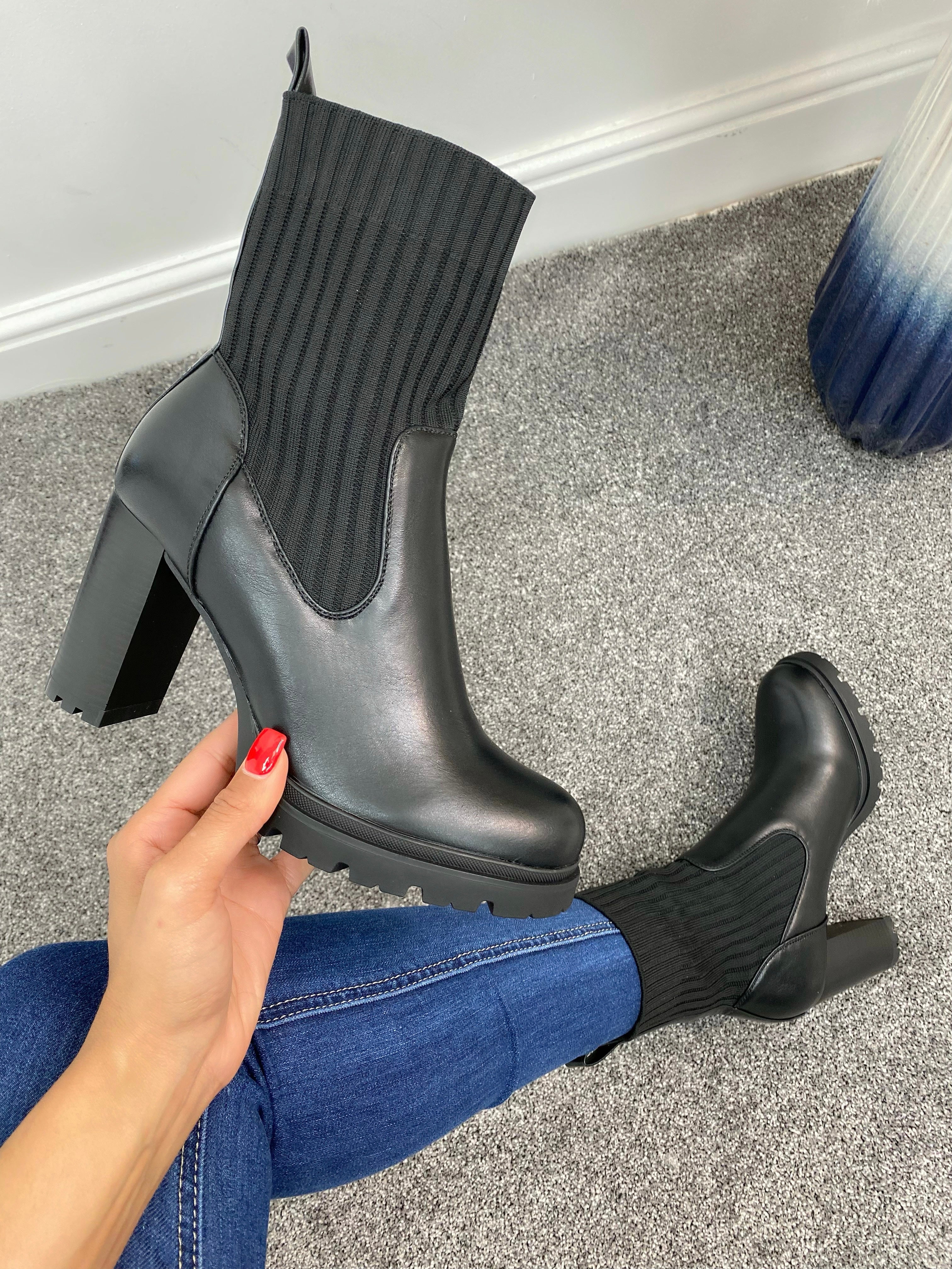 Flitz Black Block Heeled Sock Boots