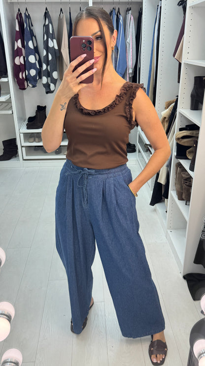 Cleopatra Denim Drawstring Waist Wide Leg Trousers