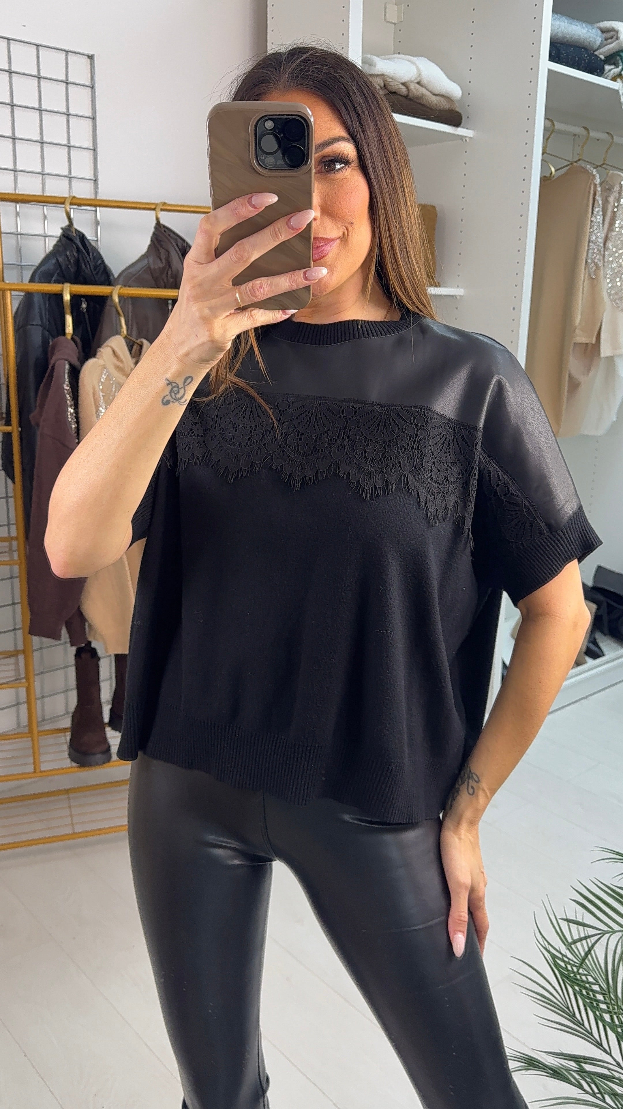 Laney Faux Leather & Lace Detailed Jumper