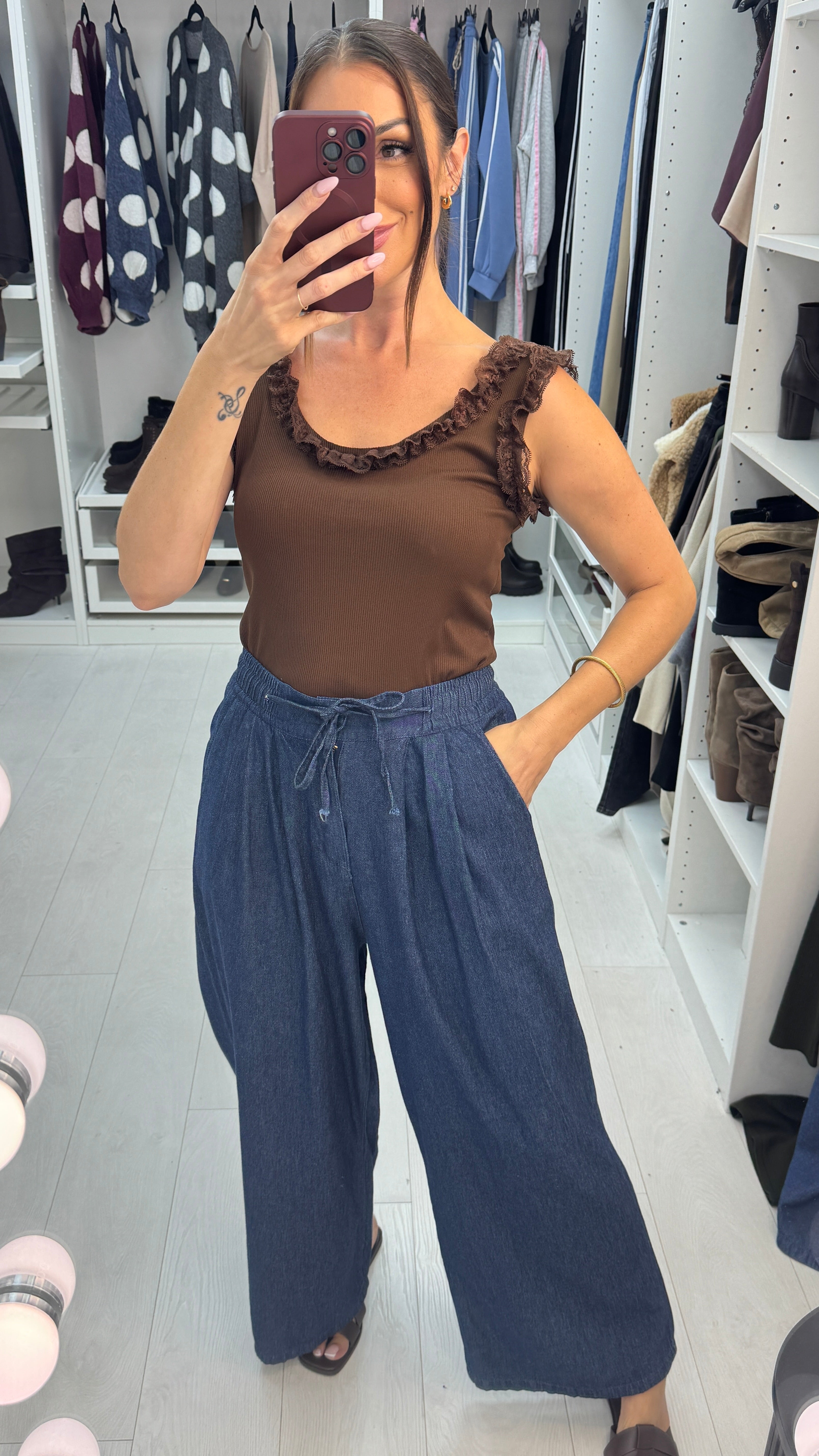 Cleopatra Denim Drawstring Waist Wide Leg Trousers