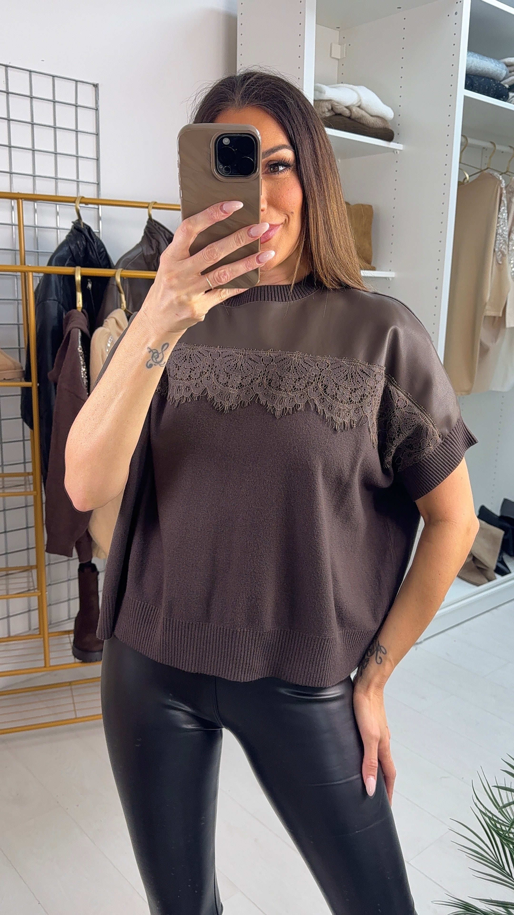 Laney Faux Leather & Lace Detailed Jumper