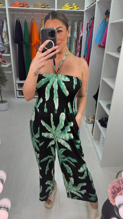 Indiana Palm Tree Print Elasticated Bust Magic Jumpsuit
