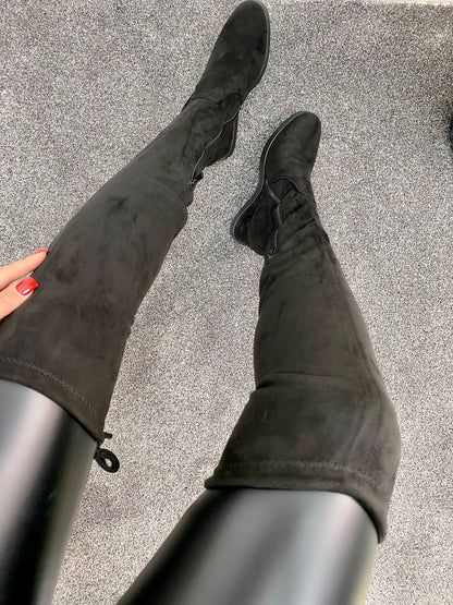 Edna Black Faux Suede Over The Knee Wedge Boot