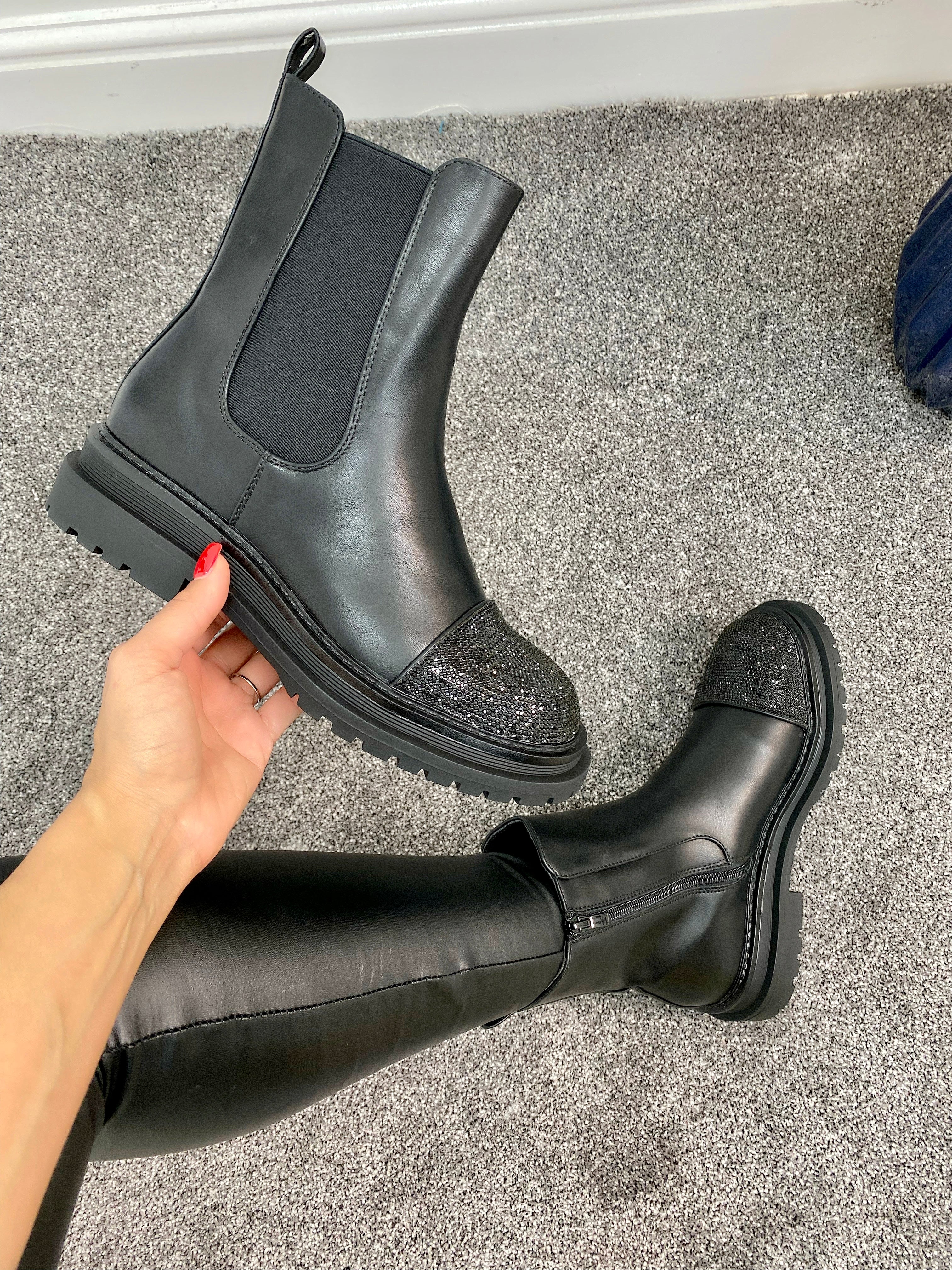 Onyx Black Sparkle Toe Cap Chunky Boot
