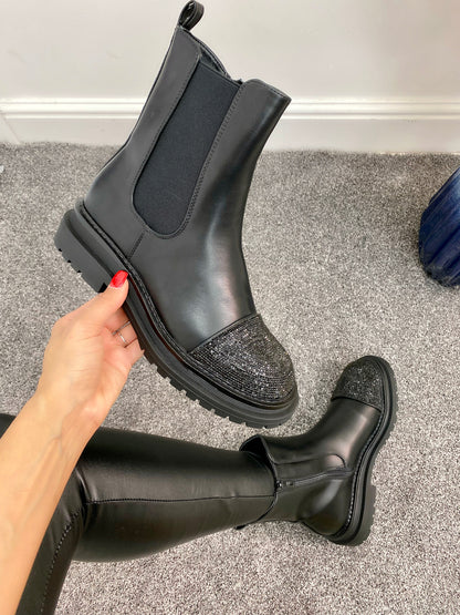 Onyx Black Sparkle Toe Cap Chunky Boot
