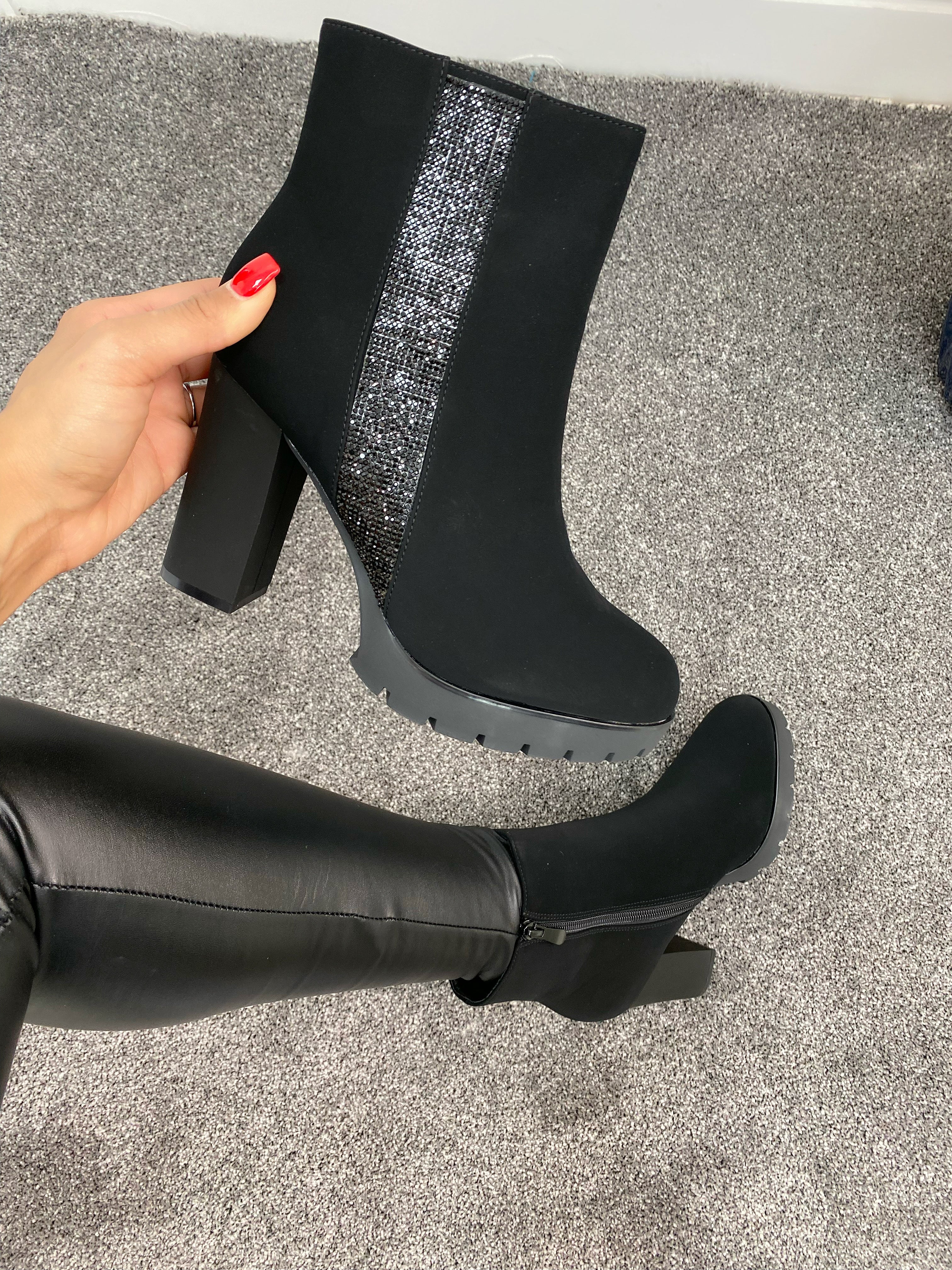 Bexon Black Faux Suede Sparkle Side Panel Boot