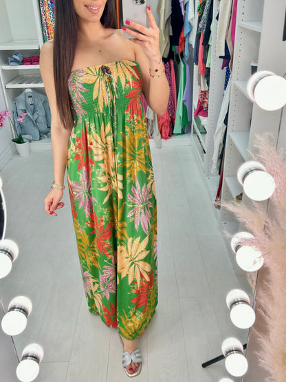 Sally Elasticated Bust Leaf Print Bandeau Maxi Dress