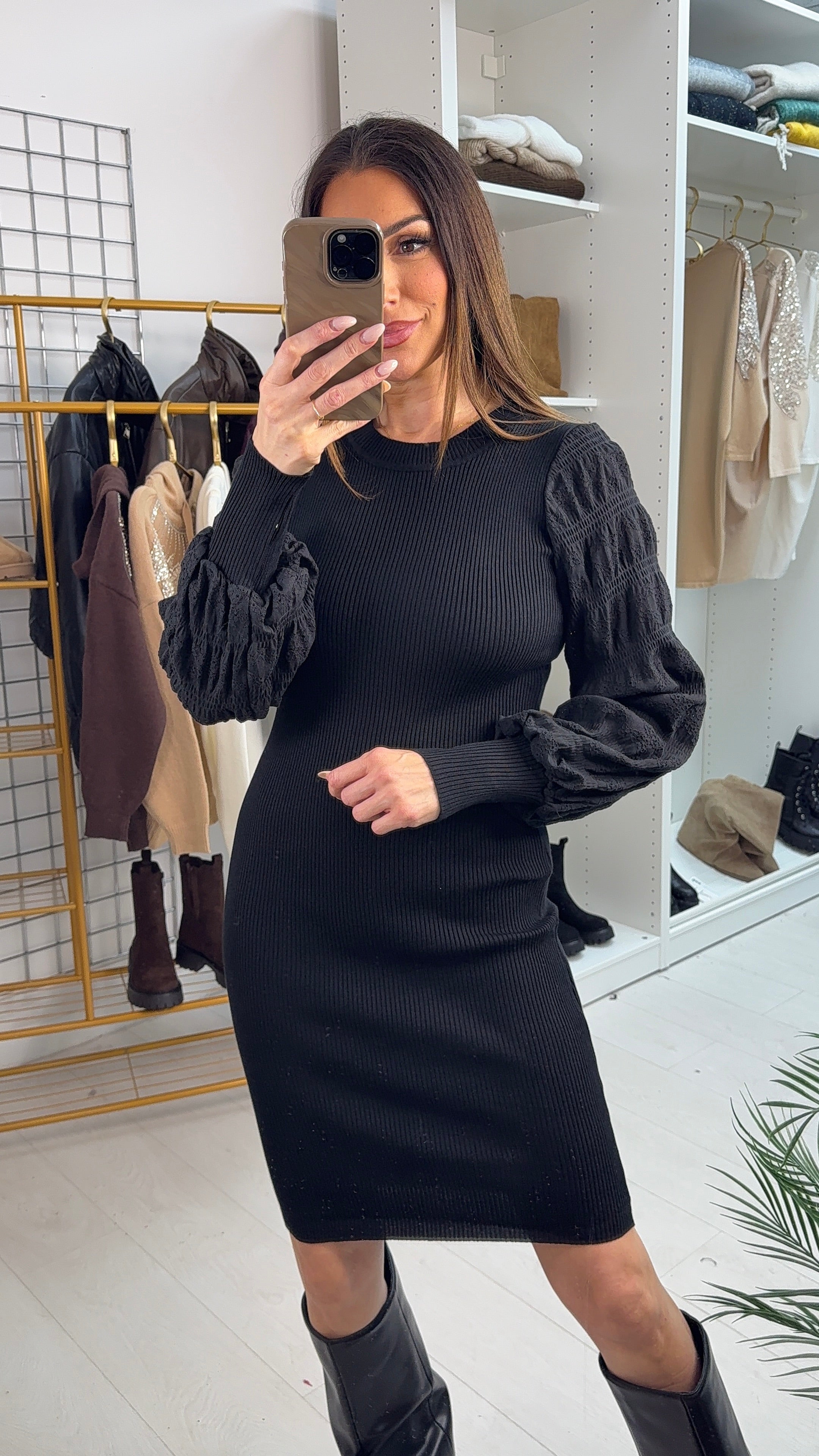 Julianna Plain Sleeve Detail  Ribbed Jumper Dress