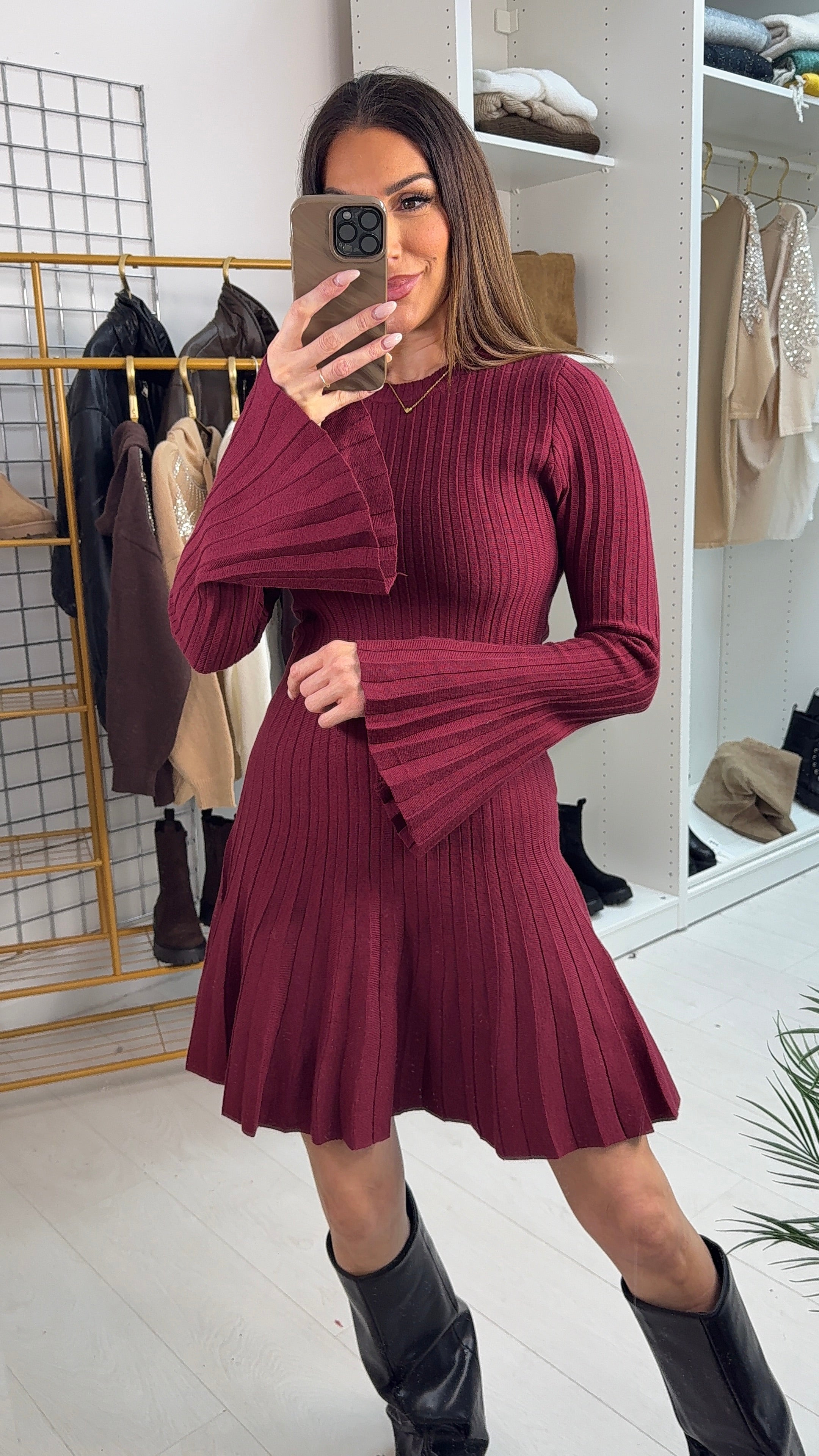Valentine Plain Pleated Bell Sleeve Jumper Dress