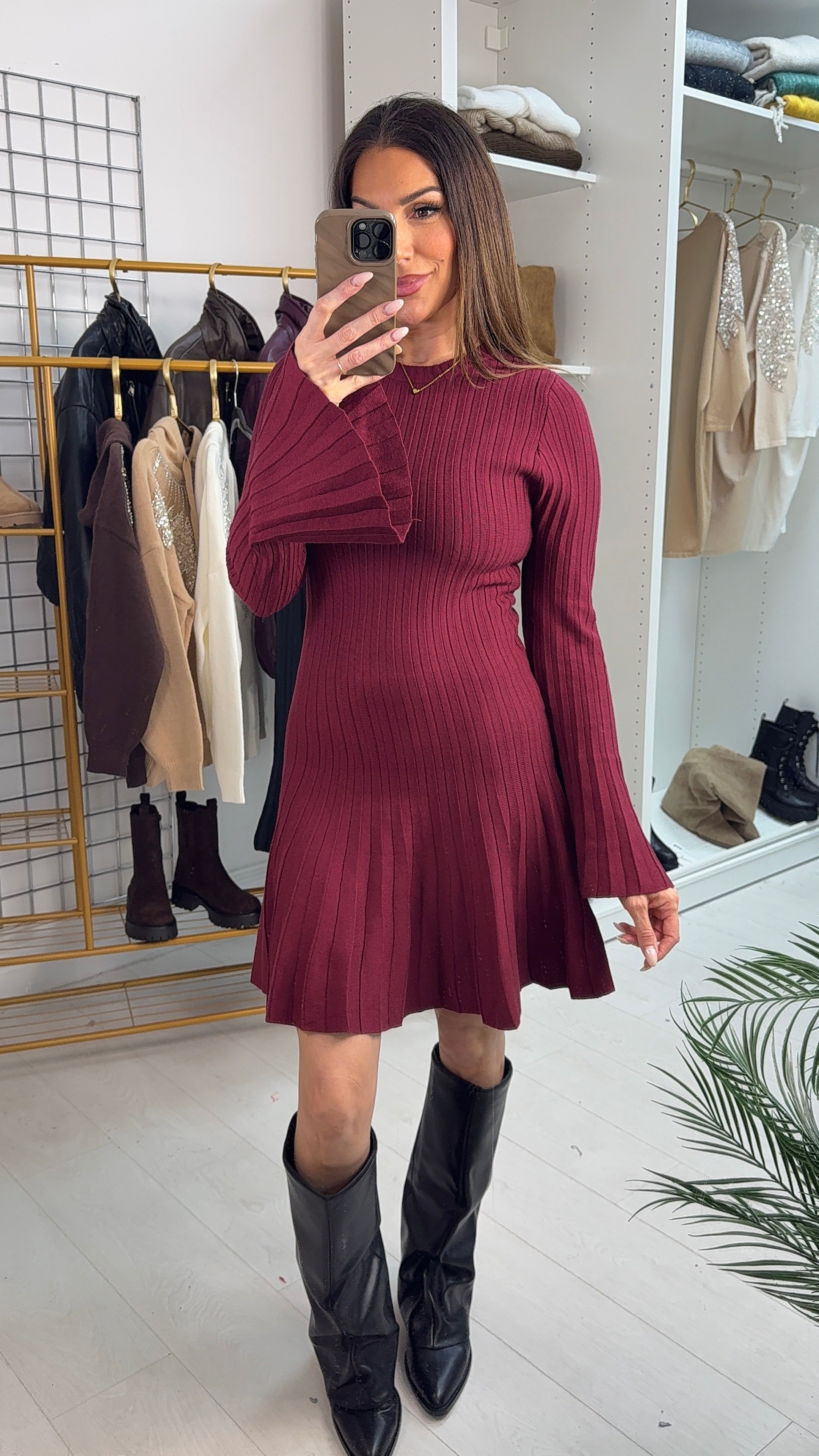Valentine Plain Pleated Bell Sleeve Jumper Dress