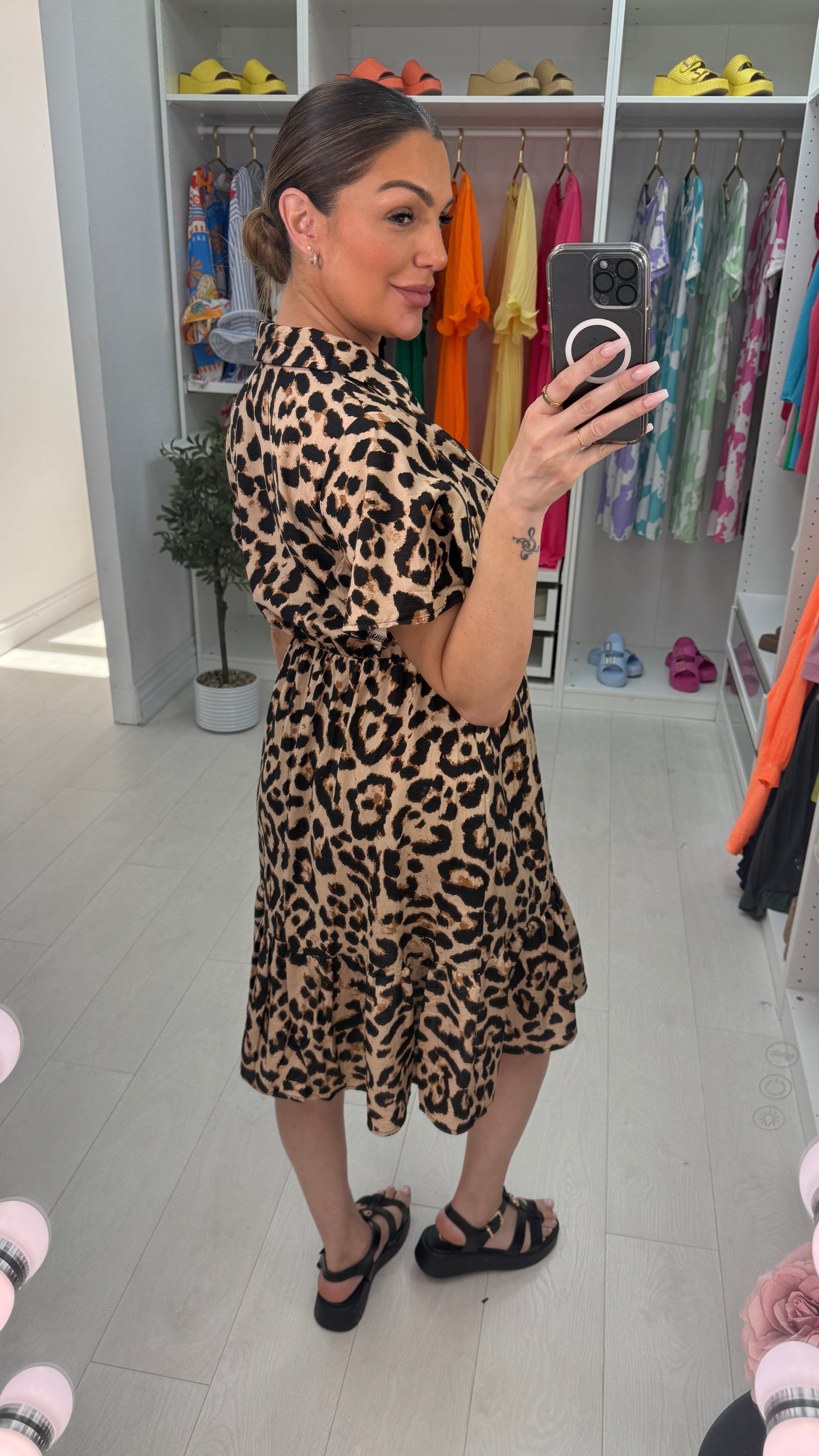 Joline Leopard Print V Neck Midi Dress
