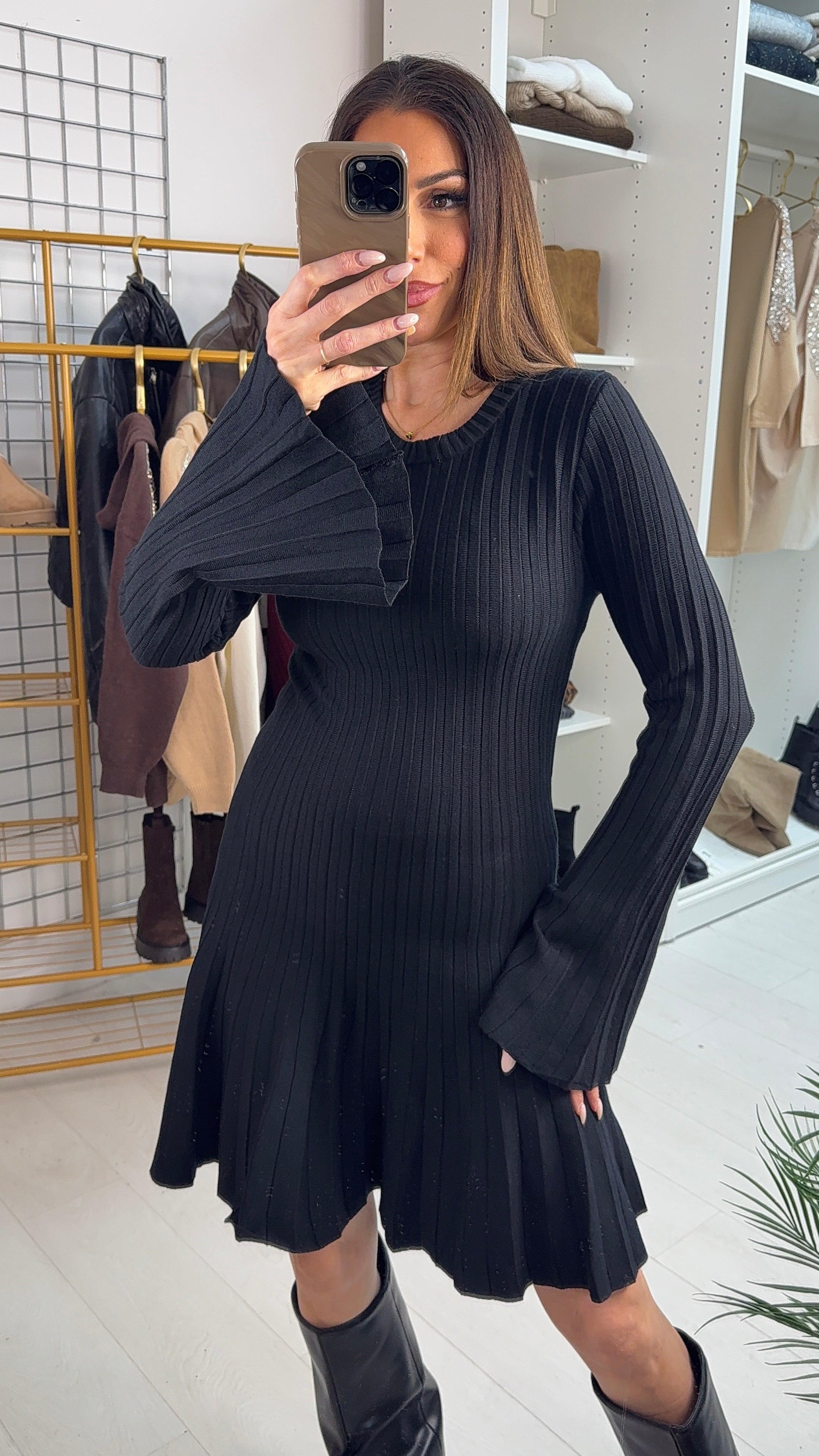 Valentine Plain Pleated Bell Sleeve Jumper Dress