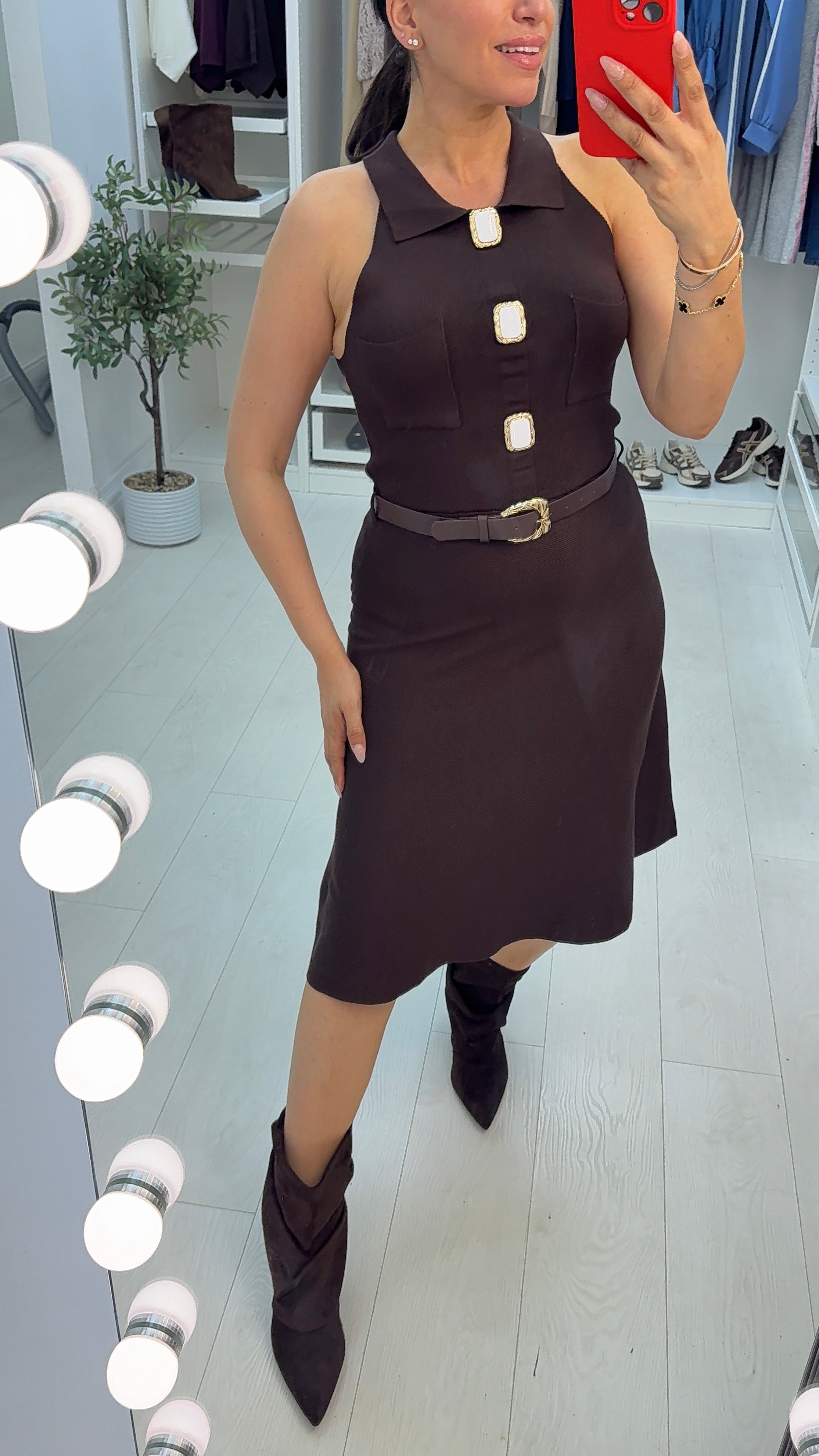 Tyler Sleeveless Embellished Button Belted Midi Dress