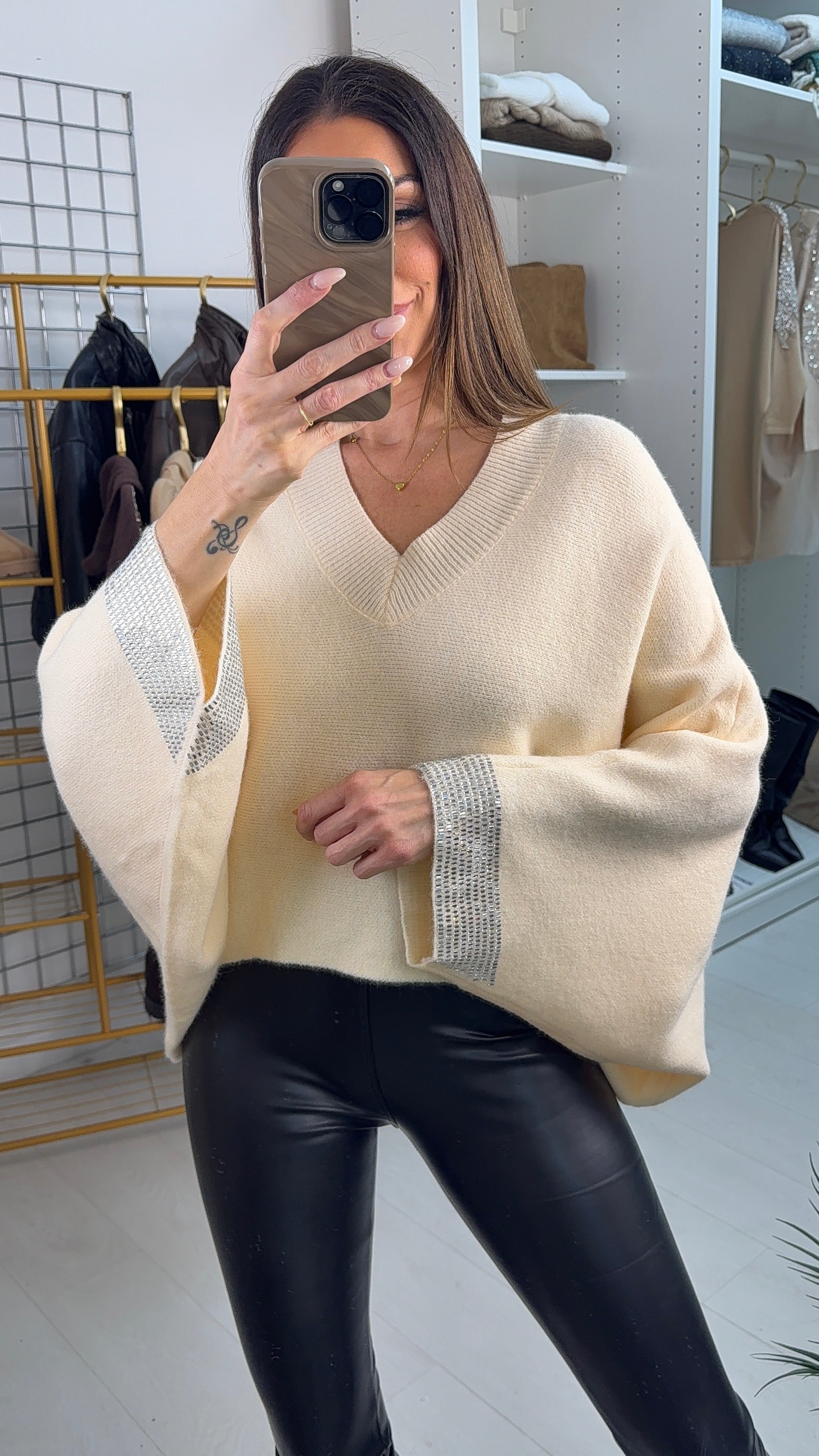 Ramona Plain Diamante Sleeve Detail Loose Fit Jumper