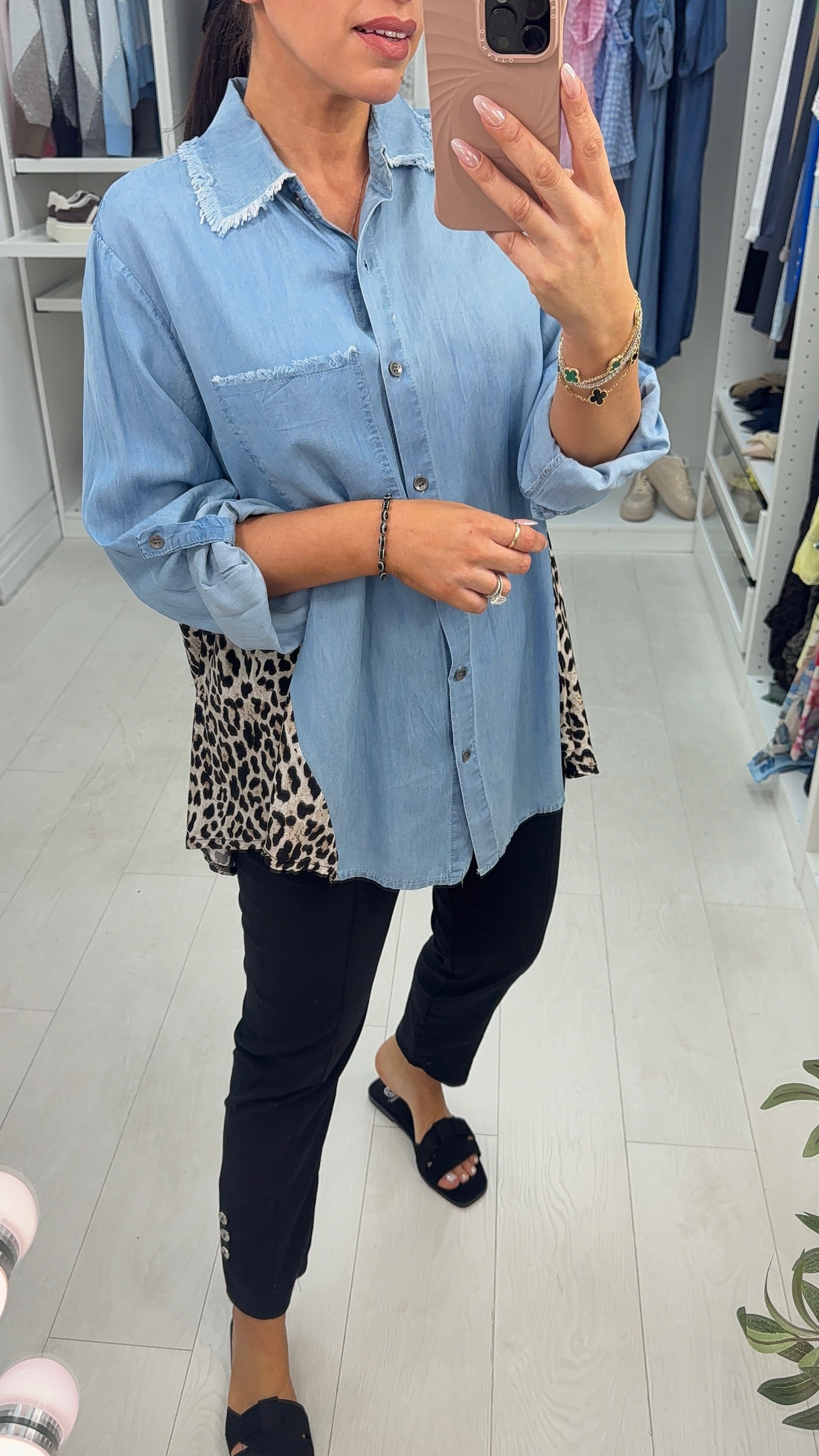 Lidio Denim Leopard Panel Longline Shirt
