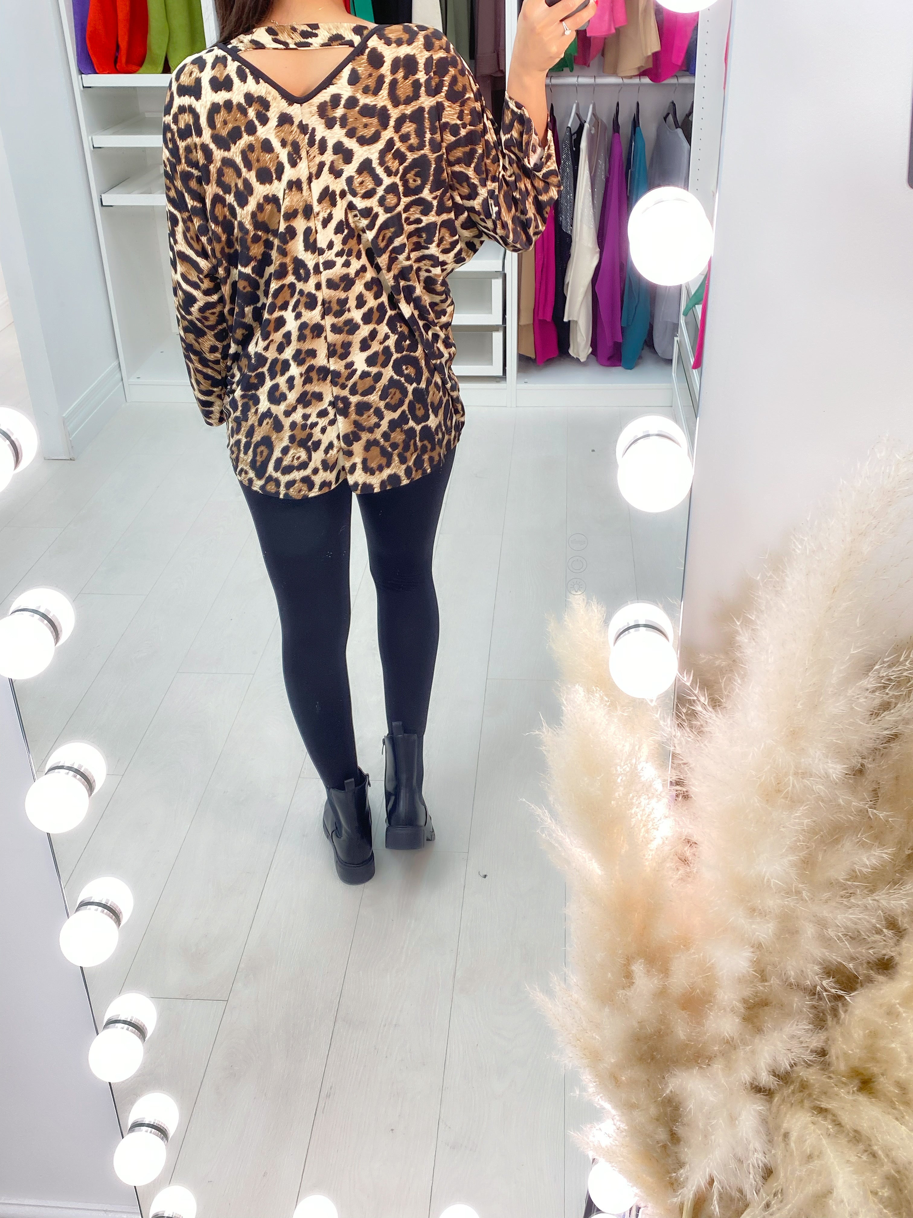 Alia Leopard Print Zip Detail Panel Back Top