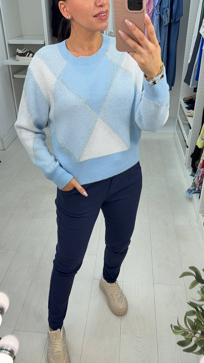 Clover Diamante Embellished Argyle Jumper