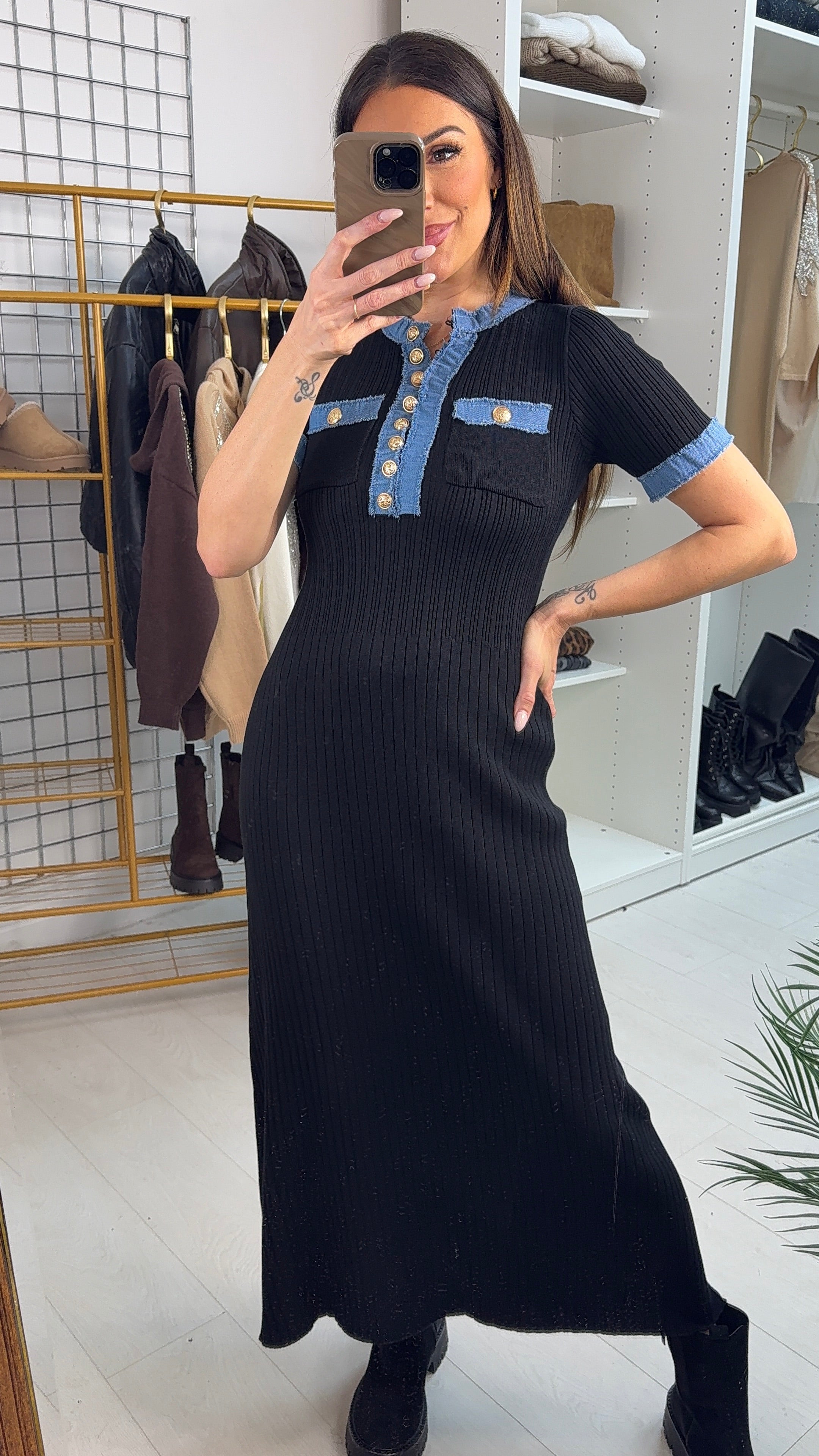 Ezra Denim Detailed Short Sleeve Maxi Dress