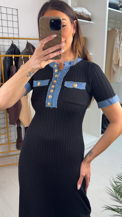 Ezra Denim Detailed Short Sleeve Maxi Dress