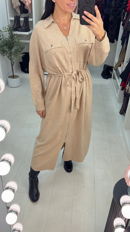 Laurin Plain Zip Front Tie Waist Maxi Jumper Dress