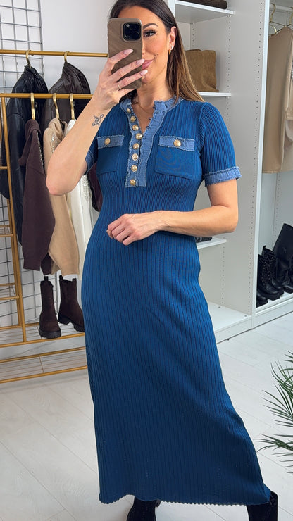 Ezra Denim Detailed Short Sleeve Maxi Dress