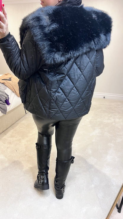 Olympia Black Short Quilted Faux Fur Trim Coat