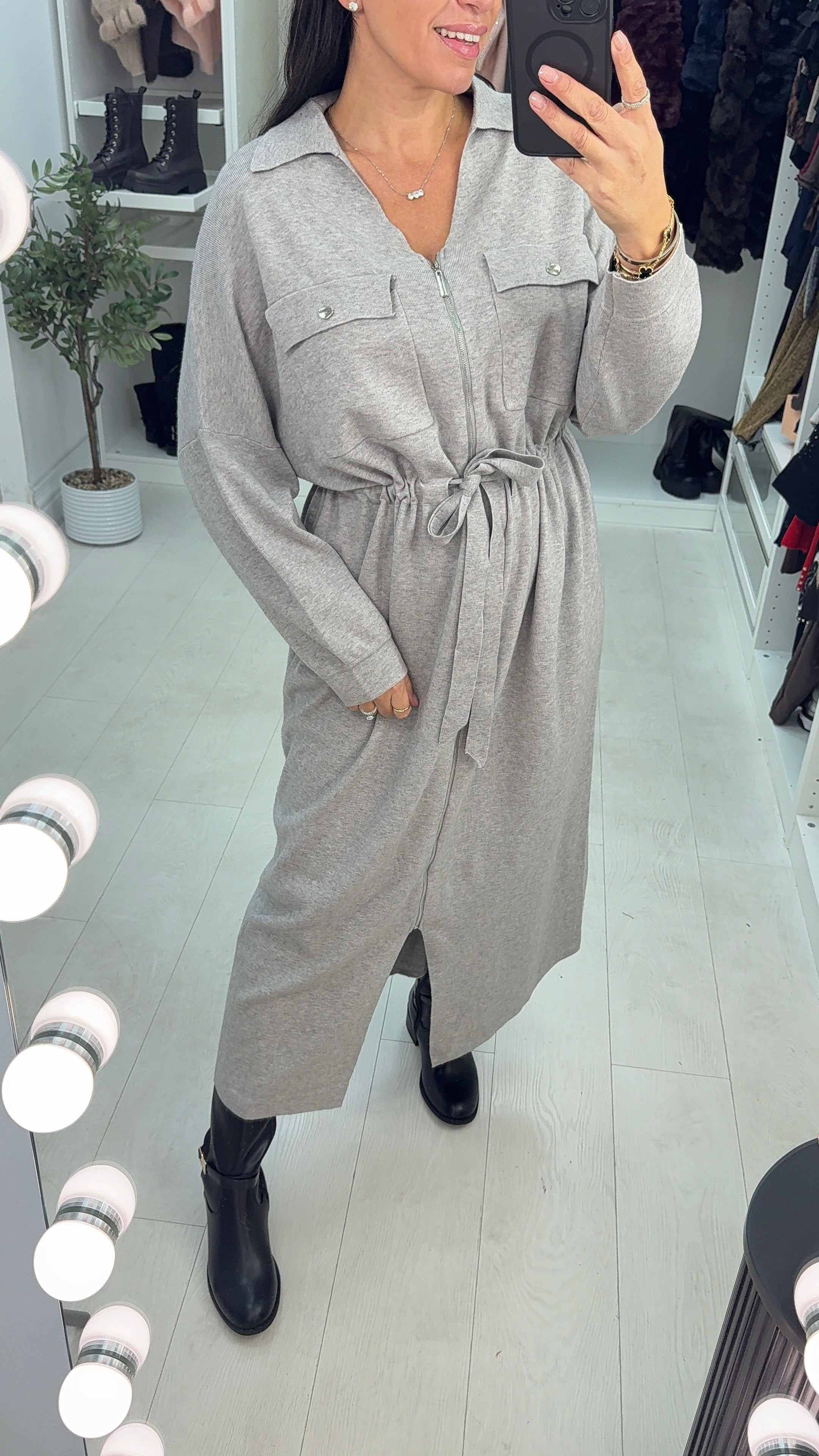 Laurin Plain Zip Front Tie Waist Maxi Jumper Dress