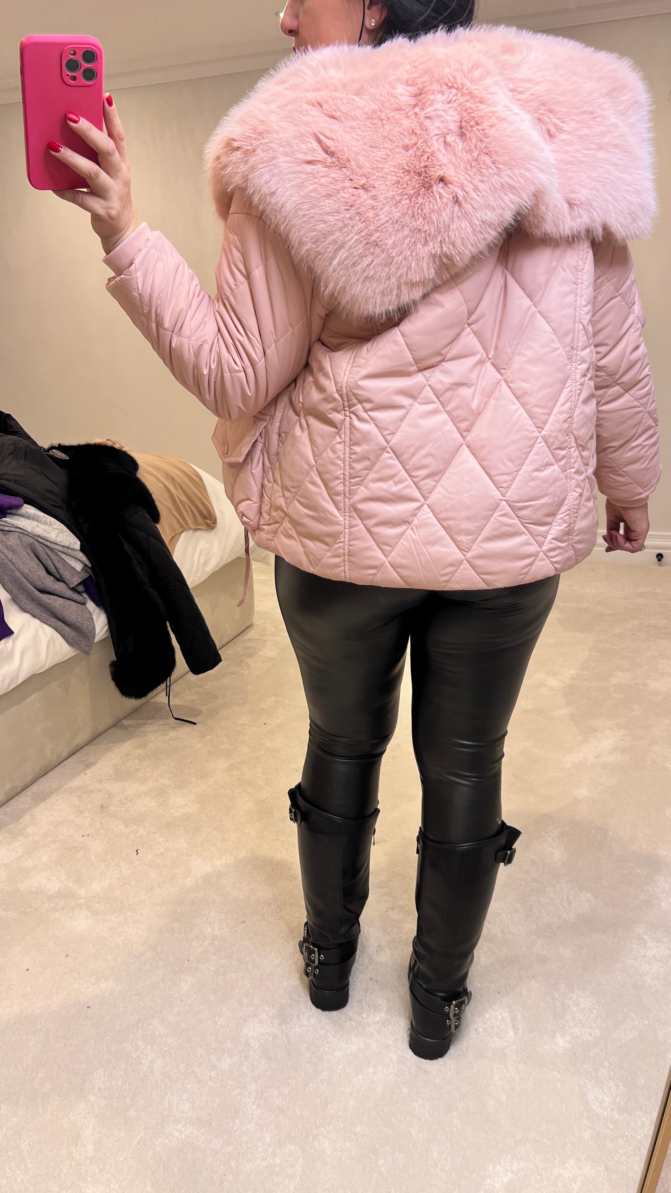Olympia Pink Short Quilted Faux Fur Trim Coat