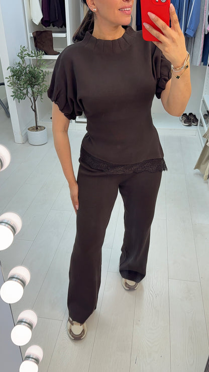 Oriella Plain Lace Trim Asymmetric Co-Ord Set