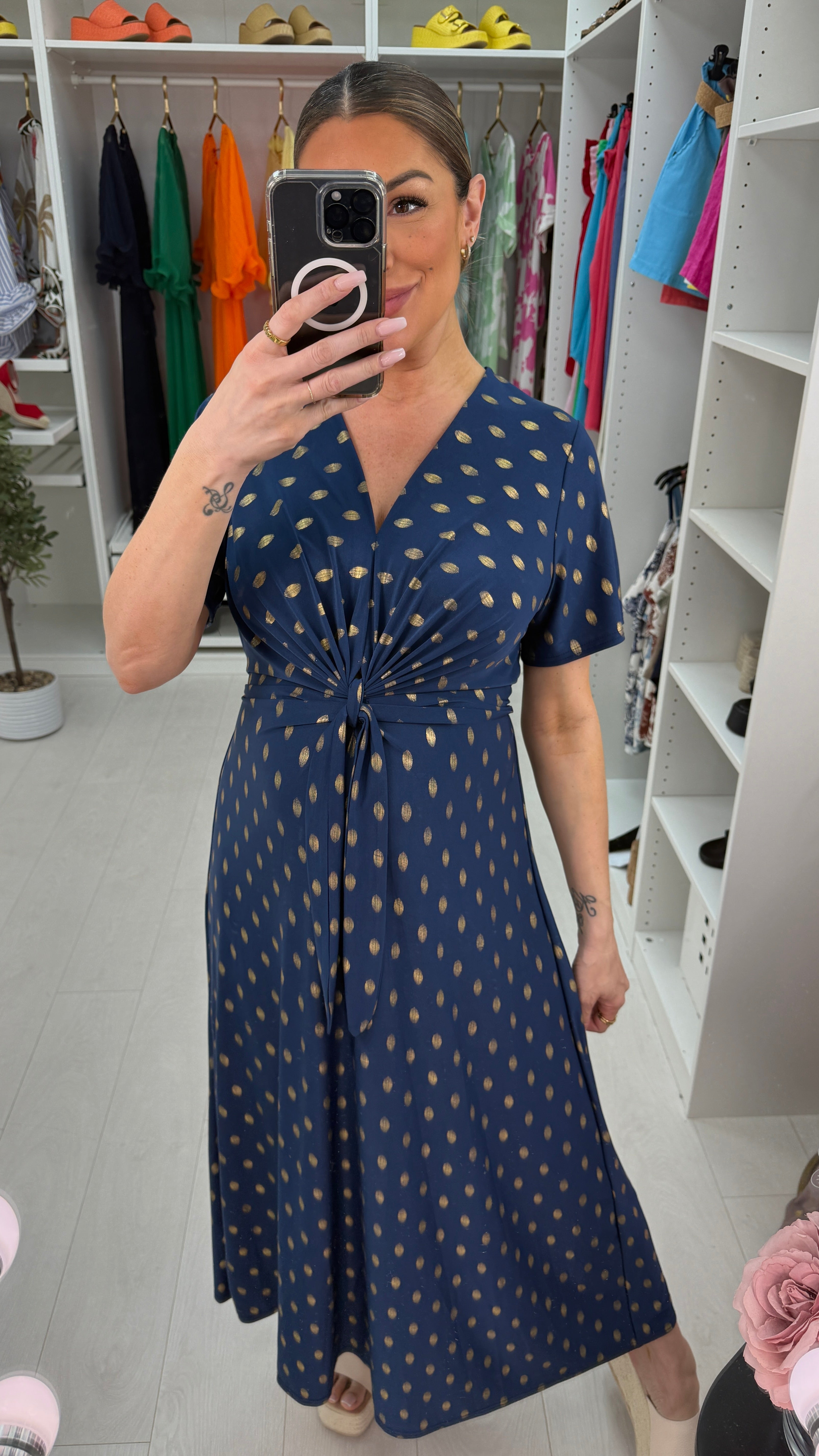 Michelle Gold Polka Print Maxi Dress