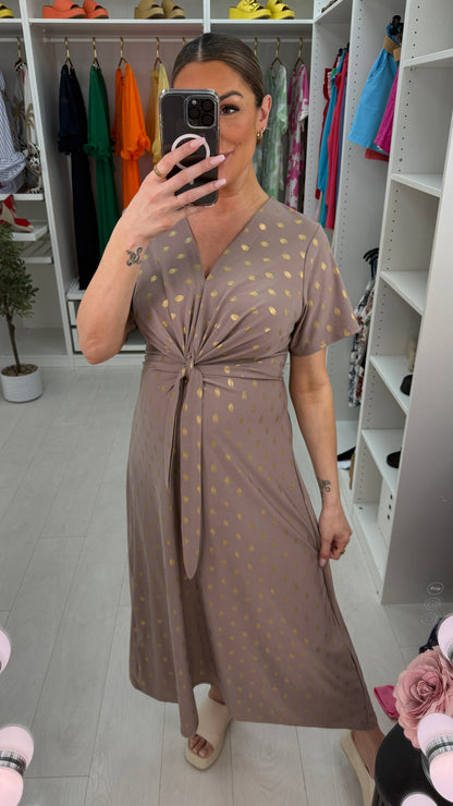 Michelle Gold Polka Print Maxi Dress