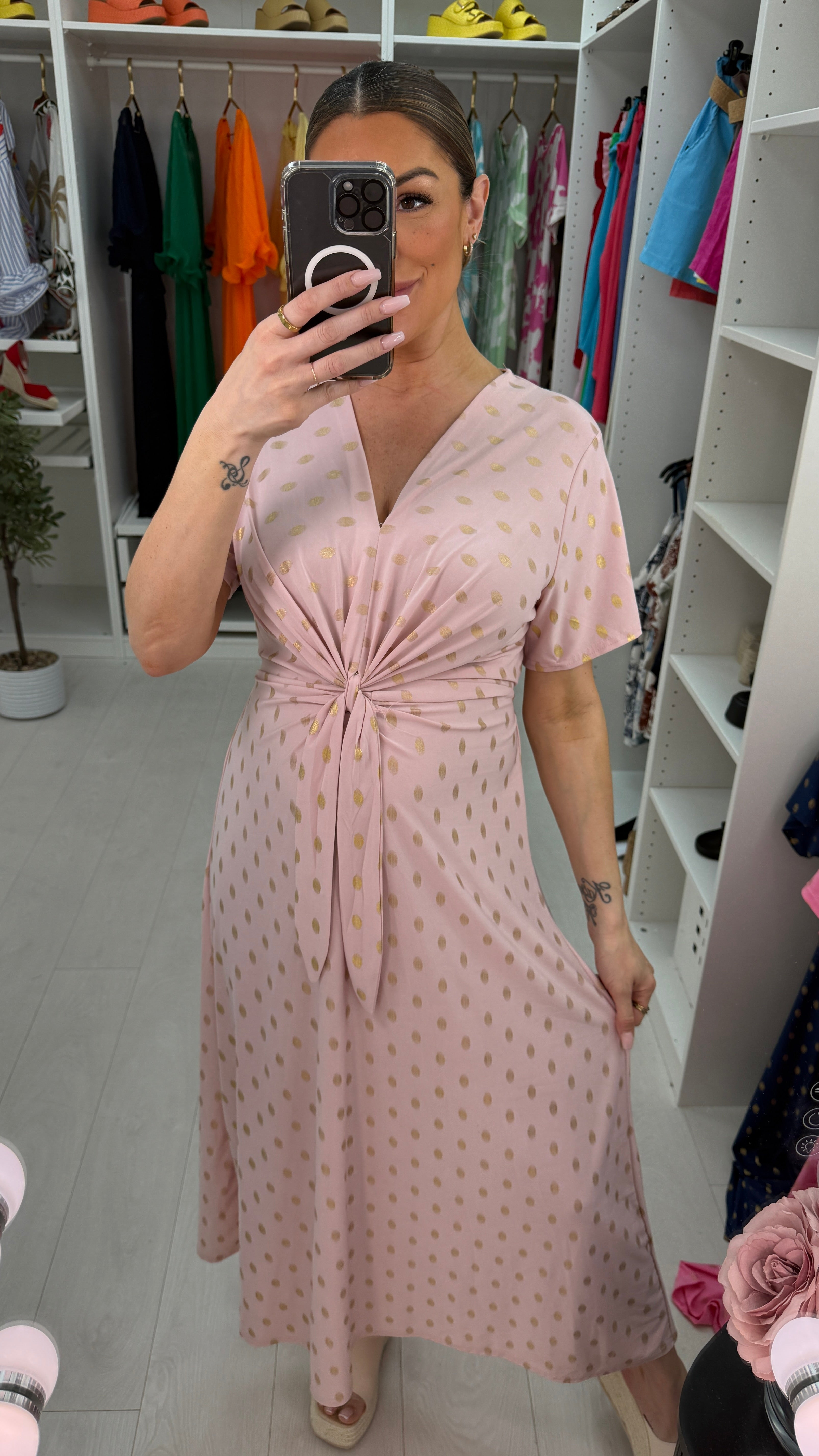 Michelle Gold Polka Print Maxi Dress