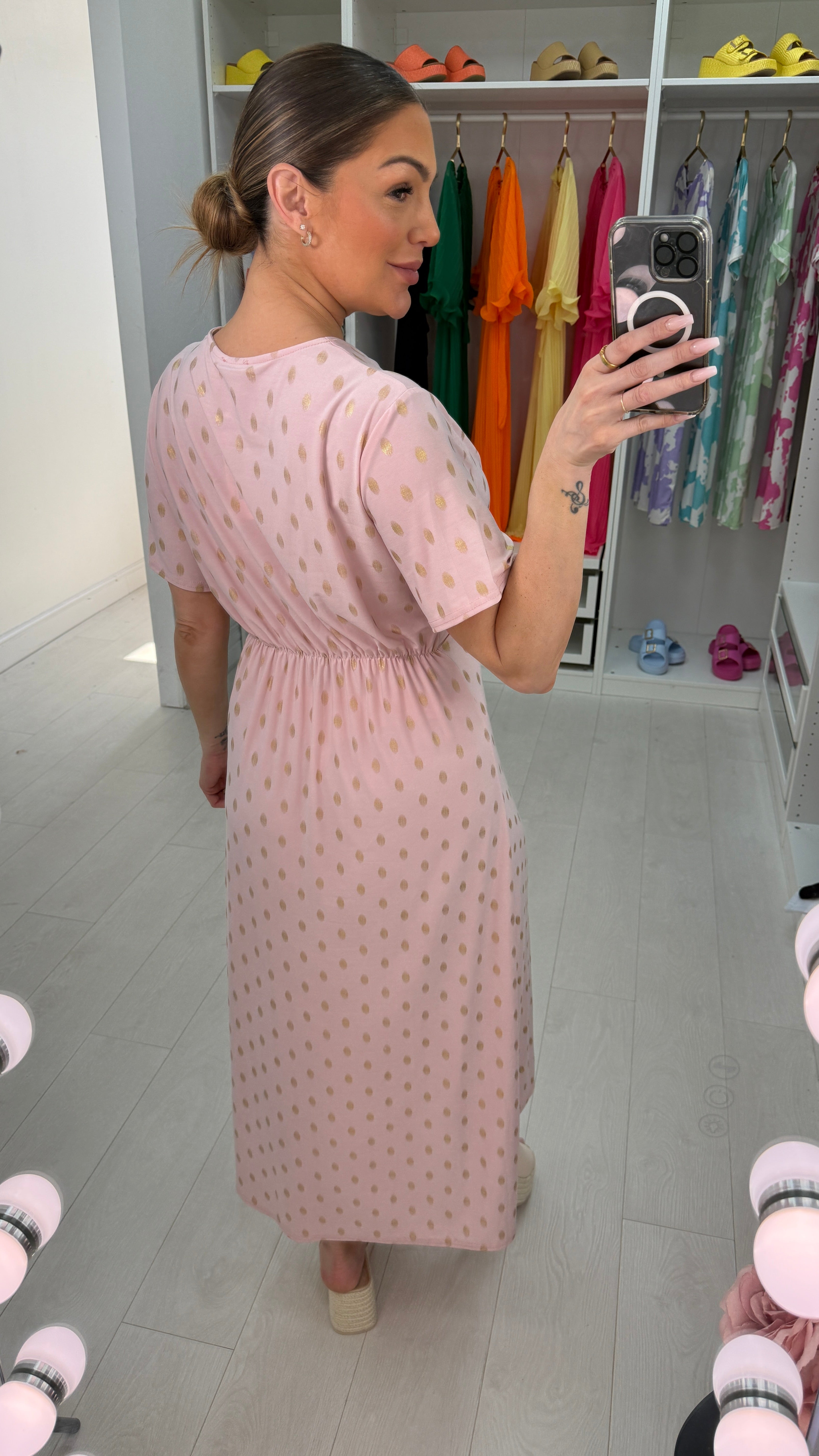 Michelle Gold Polka Print Maxi Dress