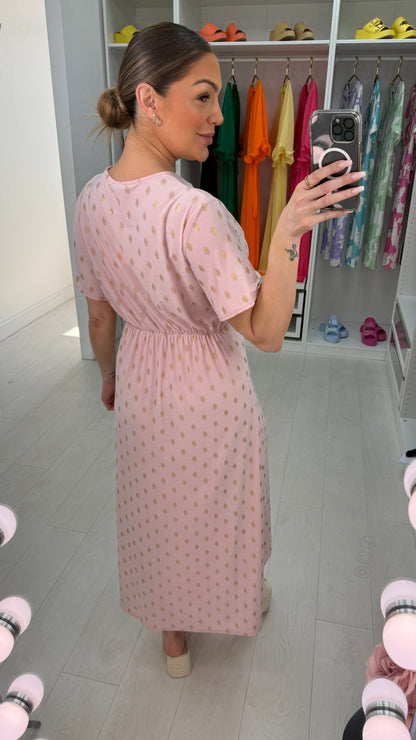 Michelle Gold Polka Print Maxi Dress