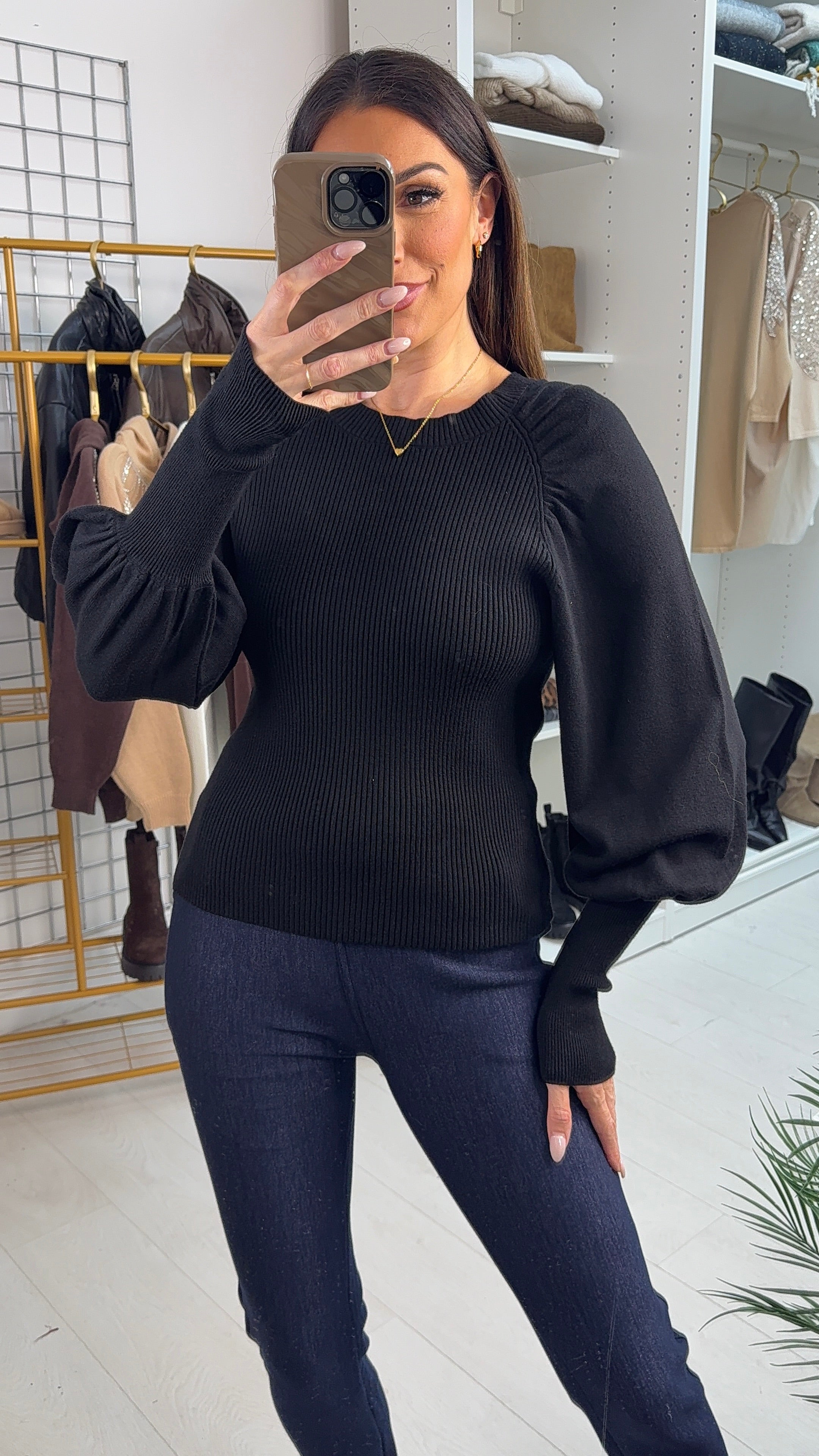 Karlie Plain Ribbed Balloon Sleeve Jumper