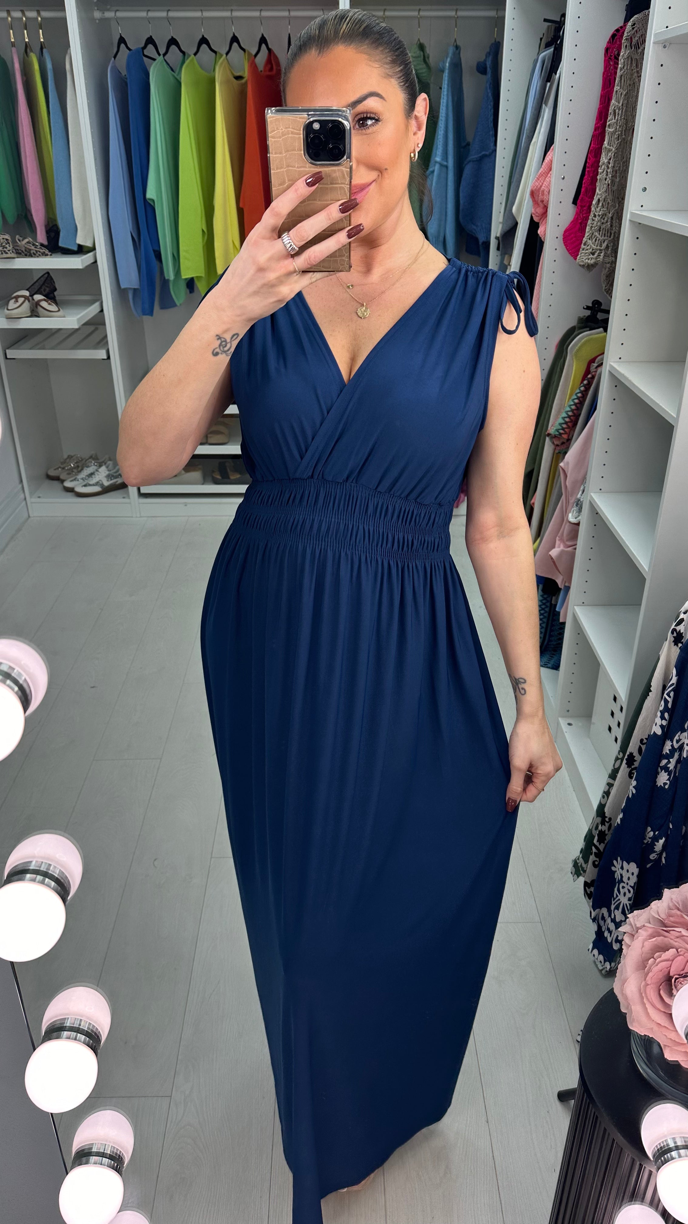 Kaci Plain Shirred Waist V Neck Maxi Magic Dress